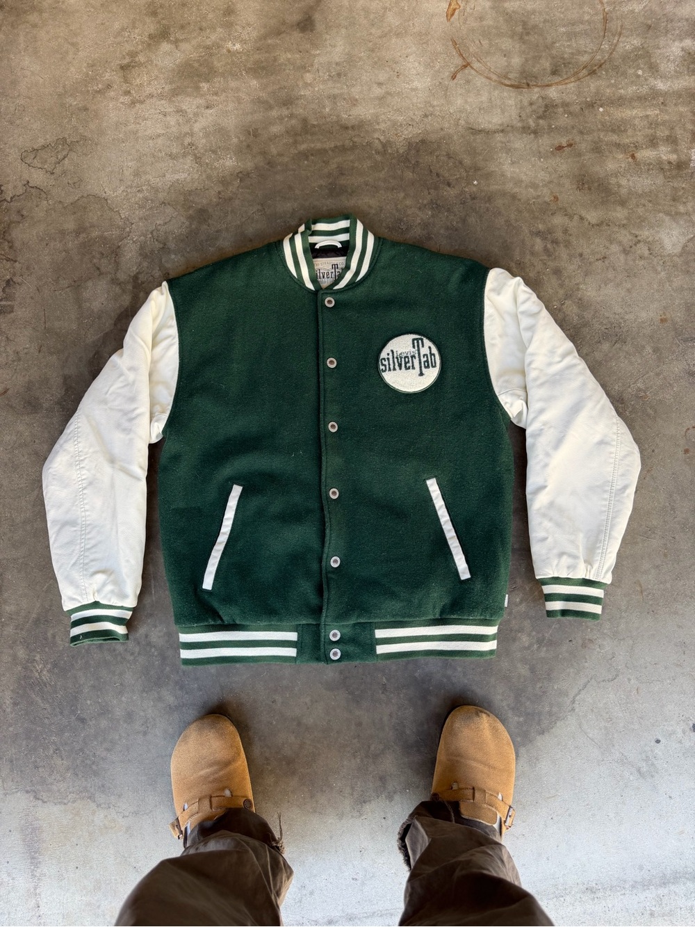 Levi’s Silver Tab Varsity Letterman Bomber Jacket Green Wool White Men’s Medium